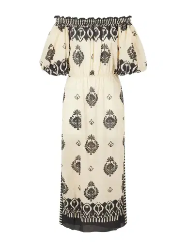 Johanna Ortiz Harbor Hues Off-the-shoulder Ruched Printed Cotton-poplin Midi Dress | Thumbnail 1 Johanna Ortiz Harbor Hues Off-the-shoulder Ruched Printed Cotton-poplin Midi Dress | Thumbnail 1