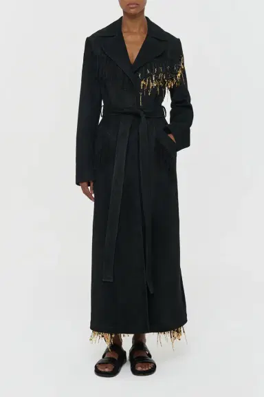 Gabriela Hearst Thaniel Fringe Trench Coat in Black Suede with Charms | Thumbnail 4 Gabriela Hearst Thaniel Fringe Trench Coat in Black Suede with Charms | Thumbnail 4