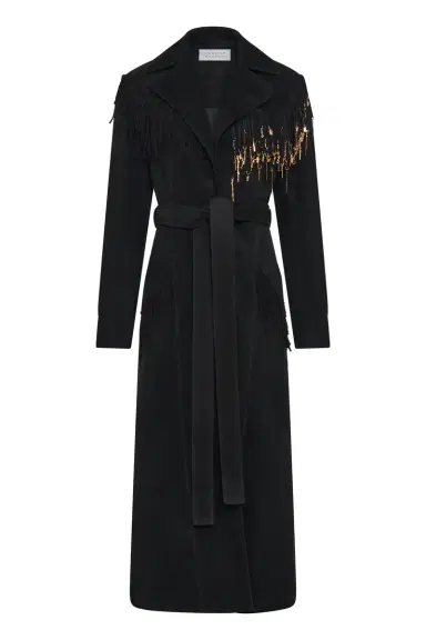 Gabriela Hearst Thaniel Fringe Trench Coat in Black Suede with Charms | Thumbnail 1 Gabriela Hearst Thaniel Fringe Trench Coat in Black Suede with Charms | Thumbnail 1