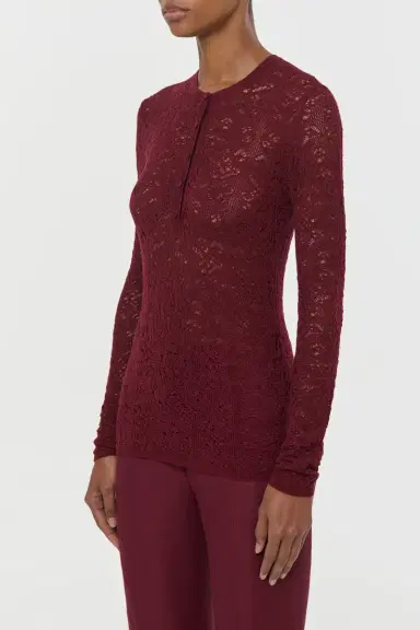 Gabriela Hearst Gaviran Lace Knit Henley in Bordeaux Merino Wool | Thumbnail 3 Gabriela Hearst Gaviran Lace Knit Henley in Bordeaux Merino Wool | Thumbnail 3