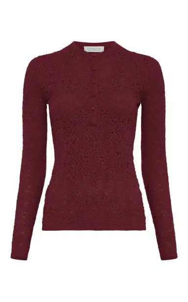 Gabriela Hearst Gaviran Lace Knit Henley in Bordeaux Merino Wool | Thumbnail 1 Gabriela Hearst Gaviran Lace Knit Henley in Bordeaux Merino Wool | Thumbnail 1