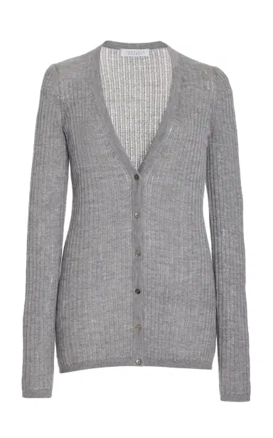 Gabriela Hearst Emma Pointelle Knit Cardigan in Heather Grey Cashmere Silk | Thumbnail 1 Gabriela Hearst Emma Pointelle Knit Cardigan in Heather Grey Cashmere Silk | Thumbnail 1