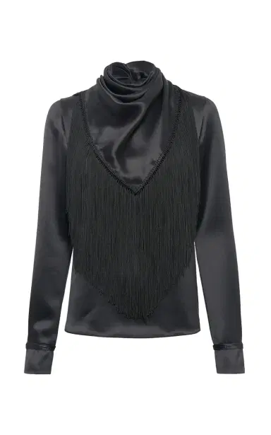 Gabriela Hearst Anderson Fringe Scarf Top in Black Silk Satin | Thumbnail 1 Gabriela Hearst Anderson Fringe Scarf Top in Black Silk Satin | Thumbnail 1