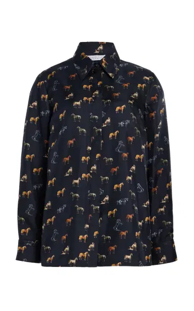 Gabriela Hearst Cruz Shirt in Dark Navy Multi Printed Silk Twill | Thumbnail 1 Gabriela Hearst Cruz Shirt in Dark Navy Multi Printed Silk Twill | Thumbnail 1