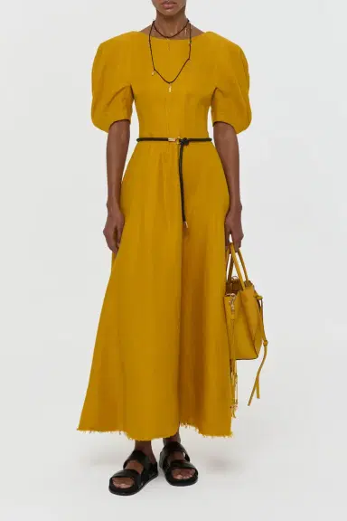 Gabriela Hearst Ranya Puff Sleeve Maxi Dress in Golden Birch Linen Twill | Thumbnail 4 Gabriela Hearst Ranya Puff Sleeve Maxi Dress in Golden Birch Linen Twill | Thumbnail 4