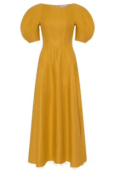Gabriela Hearst Ranya Puff Sleeve Maxi Dress in Golden Birch Linen Twill | Thumbnail 1 Gabriela Hearst Ranya Puff Sleeve Maxi Dress in Golden Birch Linen Twill | Thumbnail 1