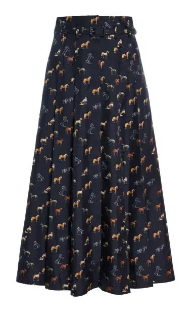 Gabriela Hearst Dugald Pleated Midi Skirt in Dark Navy Multi Printed Silk Twill | Thumbnail 1 Gabriela Hearst Dugald Pleated Midi Skirt in Dark Navy Multi Printed Silk Twill | Thumbnail 1