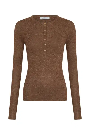 Gabriela Hearst Anges Knit Henley in Chestnut Cashmere Silk with Hemp | Thumbnail 1 Gabriela Hearst Anges Knit Henley in Chestnut Cashmere Silk with Hemp | Thumbnail 1