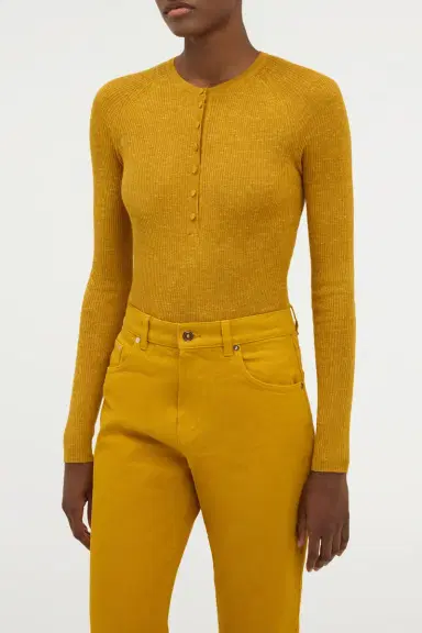 Gabriela Hearst Anges Knit Henley in Golden Birch Cashmere Silk with Hemp | Thumbnail 2 Gabriela Hearst Anges Knit Henley in Golden Birch Cashmere Silk with Hemp | Thumbnail 2