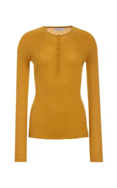 Gabriela Hearst Anges Knit Henley in Golden Birch Cashmere Silk with Hemp | Thumbnail 1 Gabriela Hearst Anges Knit Henley in Golden Birch Cashmere Silk with Hemp | Thumbnail 1