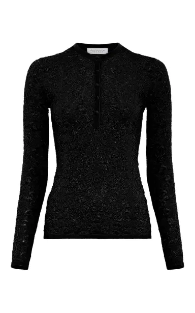Gabriela Hearst Gaviran Lace Knit Henley in Black Merino Wool | Thumbnail 1 Gabriela Hearst Gaviran Lace Knit Henley in Black Merino Wool | Thumbnail 1