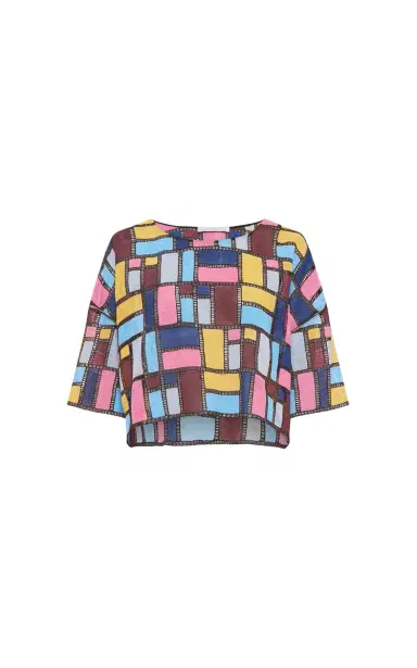 Gabriela Hearst Tatia Patchwork Embroidered Cropped Top in Aurora Multi Linen | Thumbnail 1 Gabriela Hearst Tatia Patchwork Embroidered Cropped Top in Aurora Multi Linen | Thumbnail 1