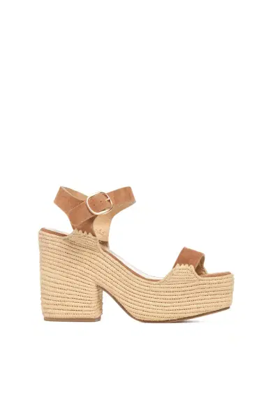 Gabriela Hearst Sardis Platform Sandal in Camel Suede & Natural Raffia | Thumbnail 1 Gabriela Hearst Sardis Platform Sandal in Camel Suede & Natural Raffia | Thumbnail 1