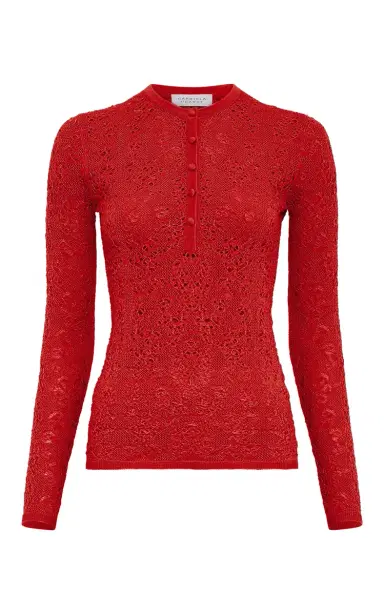 Gabriela Hearst Gaviran Lace Knit Henley in Tonic Orange Merino Wool | Thumbnail 1 Gabriela Hearst Gaviran Lace Knit Henley in Tonic Orange Merino Wool | Thumbnail 1