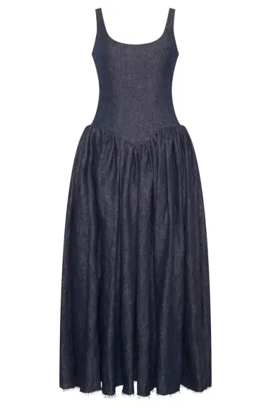 Gabriela Hearst Isai Maxi Dress in Stone Washed Linen Denim | Thumbnail 1 Gabriela Hearst Isai Maxi Dress in Stone Washed Linen Denim | Thumbnail 1