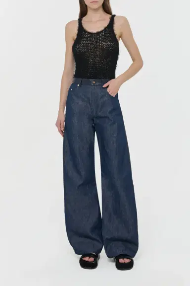 Gabriela Hearst Lucian Barrel-leg Jean in Indigo Blue Recycled Cotton Linen Denim & Textured Leather | Thumbnail 5 Gabriela Hearst Lucian Barrel-leg Jean in Indigo Blue Recycled Cotton Linen Denim & Textured Leather | Thumbnail 5