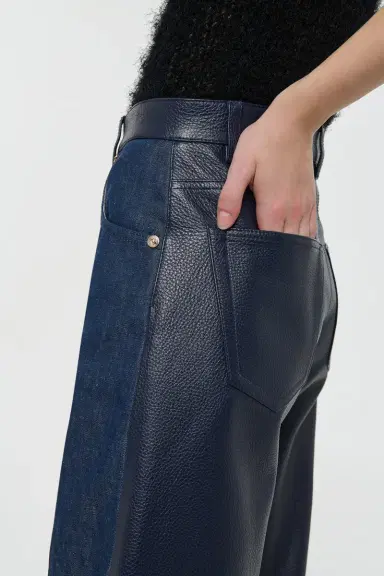 Gabriela Hearst Lucian Barrel-leg Jean in Indigo Blue Recycled Cotton Linen Denim & Textured Leather | Thumbnail 8 Gabriela Hearst Lucian Barrel-leg Jean in Indigo Blue Recycled Cotton Linen Denim & Textured Leather | Thumbnail 8