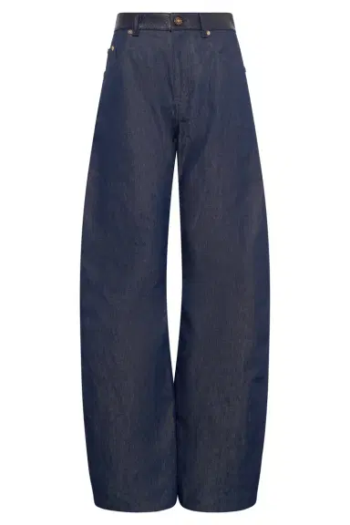 Gabriela Hearst Lucian Barrel-leg Jean in Indigo Blue Recycled Cotton Linen Denim & Textured Leather | Thumbnail 1 Gabriela Hearst Lucian Barrel-leg Jean in Indigo Blue Recycled Cotton Linen Denim & Textured Leather | Thumbnail 1