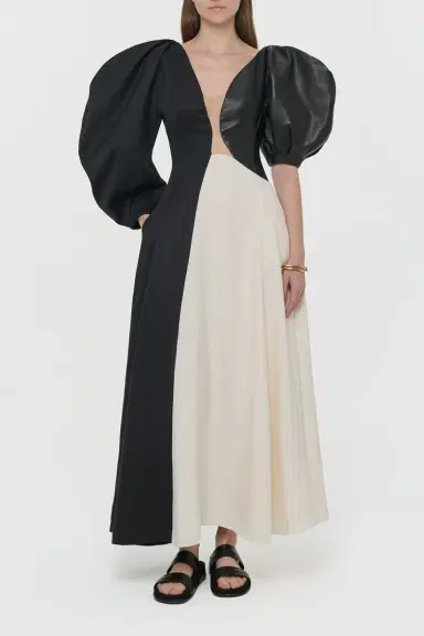 Gabriela Hearst Sephir Puff Sleeve Maxi Dress in Silk Wool Cady, Black Linen Slub & Leather | Thumbnail 4 Gabriela Hearst Sephir Puff Sleeve Maxi Dress in Silk Wool Cady, Black Linen Slub & Leather | Thumbnail 4