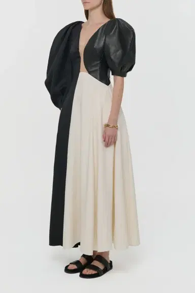 Gabriela Hearst Sephir Puff Sleeve Maxi Dress in Silk Wool Cady, Black Linen Slub & Leather | Thumbnail 5 Gabriela Hearst Sephir Puff Sleeve Maxi Dress in Silk Wool Cady, Black Linen Slub & Leather | Thumbnail 5