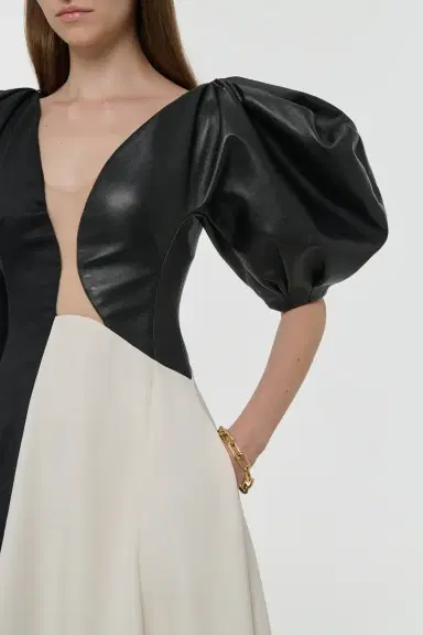 Gabriela Hearst Sephir Puff Sleeve Maxi Dress in Silk Wool Cady, Black Linen Slub & Leather | Thumbnail 8 Gabriela Hearst Sephir Puff Sleeve Maxi Dress in Silk Wool Cady, Black Linen Slub & Leather | Thumbnail 8