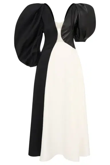 Gabriela Hearst Sephir Puff Sleeve Maxi Dress in Silk Wool Cady, Black Linen Slub & Leather | Thumbnail 1 Gabriela Hearst Sephir Puff Sleeve Maxi Dress in Silk Wool Cady, Black Linen Slub & Leather | Thumbnail 1