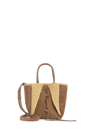 Gabriela Hearst Small Marija Tote Bag in Dark Sand Suede & Raffia | Thumbnail 1 Gabriela Hearst Small Marija Tote Bag in Dark Sand Suede & Raffia | Thumbnail 1