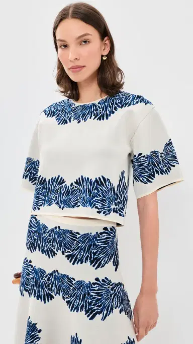Ulla Johnson Alara Short Sleeve Knit Jacquard Top Ocean S | Thumbnail 2 Ulla Johnson Alara Short Sleeve Knit Jacquard Top Ocean S | Thumbnail 2