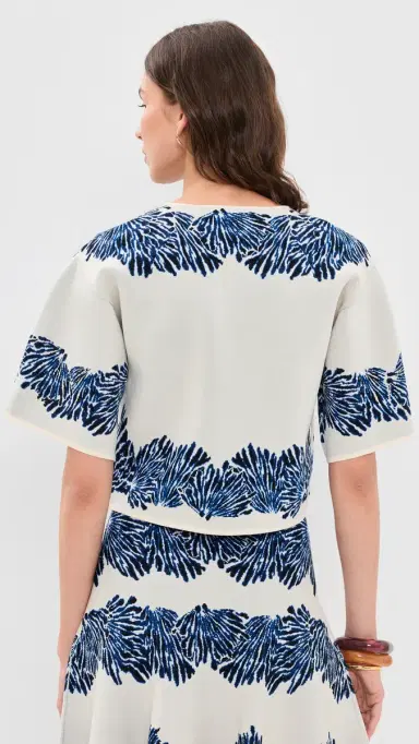 Ulla Johnson Alara Short Sleeve Knit Jacquard Top Ocean S | Thumbnail 3 Ulla Johnson Alara Short Sleeve Knit Jacquard Top Ocean S | Thumbnail 3