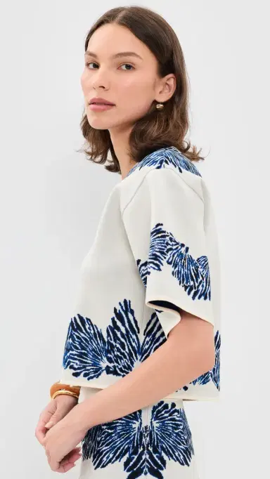 Ulla Johnson Alara Short Sleeve Knit Jacquard Top Ocean S | Thumbnail 4 Ulla Johnson Alara Short Sleeve Knit Jacquard Top Ocean S | Thumbnail 4