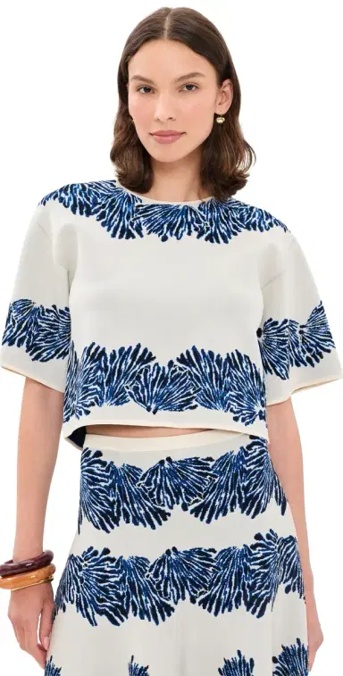 Ulla Johnson Alara Short Sleeve Knit Jacquard Top Ocean S | Thumbnail 1 Ulla Johnson Alara Short Sleeve Knit Jacquard Top Ocean S | Thumbnail 1