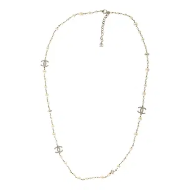 Chanel Chanel Long Crystal CC and Pearl Necklace Faux Pearls Gold Tone Hardware | Thumbnail 2 Chanel Chanel Long Crystal CC and Pearl Necklace Faux Pearls Gold Tone Hardware | Thumbnail 2
