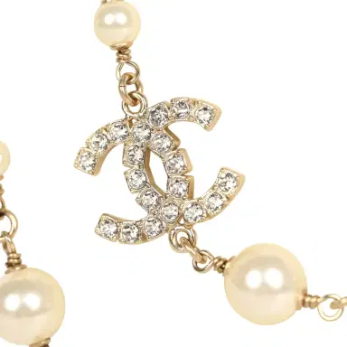 Chanel Chanel Long Crystal CC and Pearl Necklace Faux Pearls Gold Tone Hardware | Thumbnail 3 Chanel Chanel Long Crystal CC and Pearl Necklace Faux Pearls Gold Tone Hardware | Thumbnail 3
