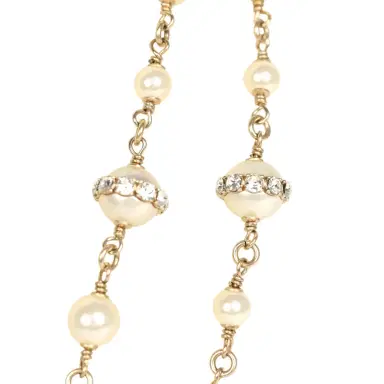 Chanel Chanel Long Crystal CC and Pearl Necklace Faux Pearls Gold Tone Hardware | Thumbnail 5 Chanel Chanel Long Crystal CC and Pearl Necklace Faux Pearls Gold Tone Hardware | Thumbnail 5