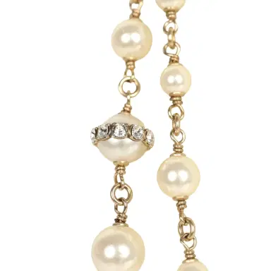 Chanel Chanel Long Crystal CC and Pearl Necklace Faux Pearls Gold Tone Hardware | Thumbnail 6 Chanel Chanel Long Crystal CC and Pearl Necklace Faux Pearls Gold Tone Hardware | Thumbnail 6