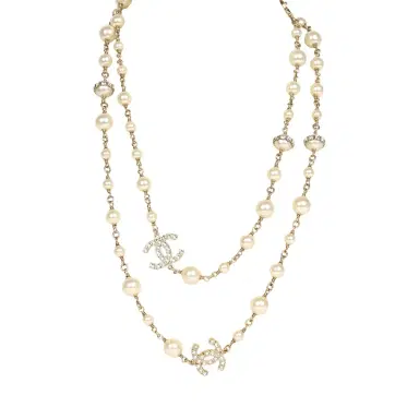 Chanel Chanel Long Crystal CC and Pearl Necklace Faux Pearls Gold Tone Hardware | Thumbnail 1 Chanel Chanel Long Crystal CC and Pearl Necklace Faux Pearls Gold Tone Hardware | Thumbnail 1