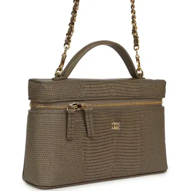 Chanel Chanel Top Handle Long Vanity Case with Chain Dark Khaki Lizard Embossed Calfskin Gold Hardware | Thumbnail 2 Chanel Chanel Top Handle Long Vanity Case with Chain Dark Khaki Lizard Embossed Calfskin Gold Hardware | Thumbnail 2
