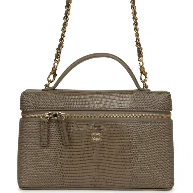 Chanel Chanel Top Handle Long Vanity Case with Chain Dark Khaki Lizard Embossed Calfskin Gold Hardware | Thumbnail 1 Chanel Chanel Top Handle Long Vanity Case with Chain Dark Khaki Lizard Embossed Calfskin Gold Hardware | Thumbnail 1