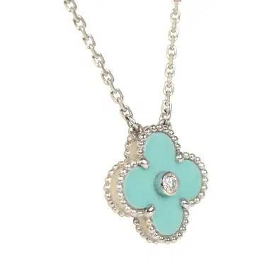Van Cleef & Arpels Pre-owned Van Cleef & Arpels 2022 Holiday Vintage Alhambra Pendant Necklace Light Green Celadon Sevres Porcelain & Diamonds White Gold | Thumbnail 3 Van Cleef & Arpels Pre-owned Van Cleef & Arpels 2022 Holiday Vintage Alhambra Pendant Necklace Light Green Celadon Sevres Porcelain & Diamonds White Gold | Thumbnail 3
