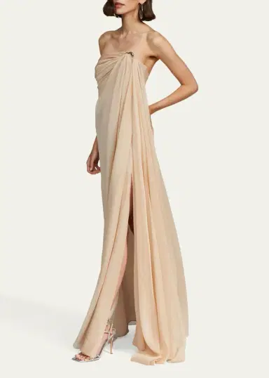 Halston Oyster Draped Strapless Chiffon Gown | Thumbnail 4 Halston Oyster Draped Strapless Chiffon Gown | Thumbnail 4
