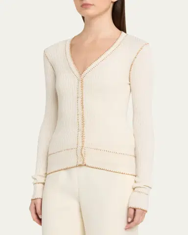 PRABAL GURUNG Blanket Stitched Silk-Cashmere Rib V-Neck Cardigan | Thumbnail 4 PRABAL GURUNG Blanket Stitched Silk-Cashmere Rib V-Neck Cardigan | Thumbnail 4