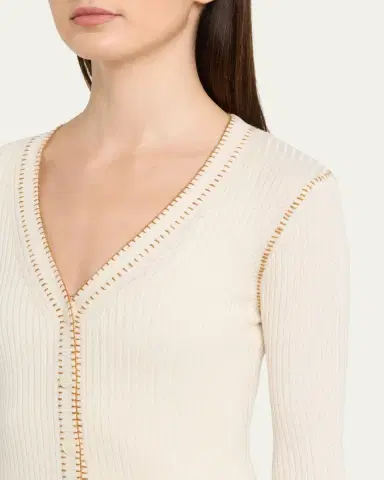 PRABAL GURUNG Blanket Stitched Silk-Cashmere Rib V-Neck Cardigan | Thumbnail 5 PRABAL GURUNG Blanket Stitched Silk-Cashmere Rib V-Neck Cardigan | Thumbnail 5