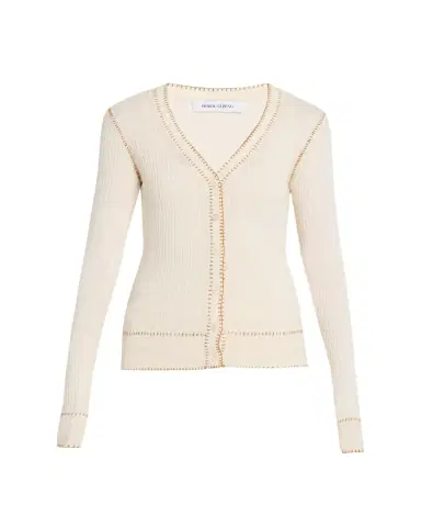 PRABAL GURUNG Blanket Stitched Silk-Cashmere Rib V-Neck Cardigan | Thumbnail 1 PRABAL GURUNG Blanket Stitched Silk-Cashmere Rib V-Neck Cardigan | Thumbnail 1