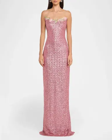 Naeem Khan Illusion Yoke Sequined Floral Applique Sleeveless Gown | Thumbnail 2 Naeem Khan Illusion Yoke Sequined Floral Applique Sleeveless Gown | Thumbnail 2