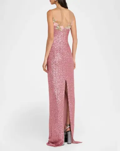 Naeem Khan Illusion Yoke Sequined Floral Applique Sleeveless Gown | Thumbnail 3 Naeem Khan Illusion Yoke Sequined Floral Applique Sleeveless Gown | Thumbnail 3