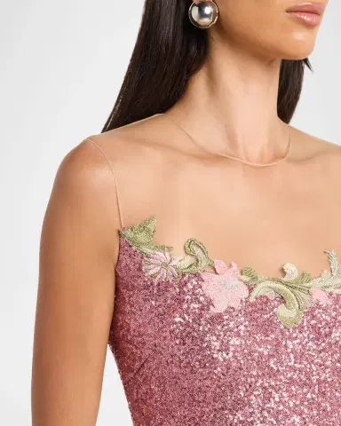 Naeem Khan Illusion Yoke Sequined Floral Applique Sleeveless Gown | Thumbnail 5 Naeem Khan Illusion Yoke Sequined Floral Applique Sleeveless Gown | Thumbnail 5