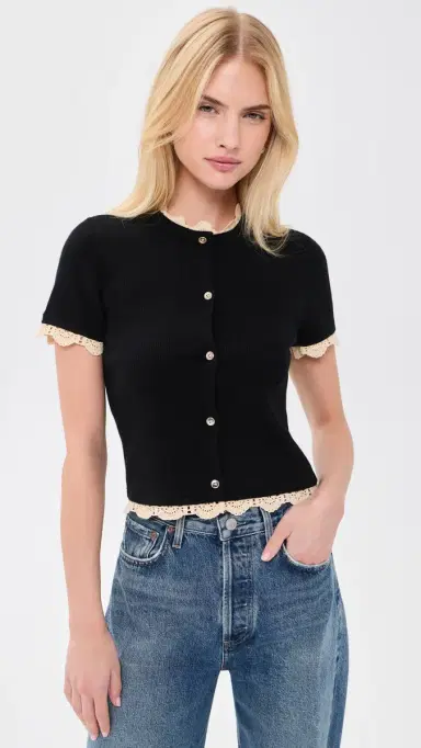 ALICE + OLIVIA Ciara hort leeve Cardigan with Trim Black/Natural | Thumbnail 2 ALICE + OLIVIA Ciara hort leeve Cardigan with Trim Black/Natural | Thumbnail 2