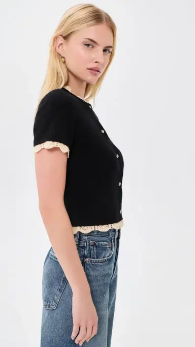 ALICE + OLIVIA Ciara hort leeve Cardigan with Trim Black/Natural | Thumbnail 4 ALICE + OLIVIA Ciara hort leeve Cardigan with Trim Black/Natural | Thumbnail 4