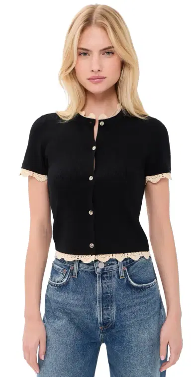 ALICE + OLIVIA Ciara hort leeve Cardigan with Trim Black/Natural | Thumbnail 1 ALICE + OLIVIA Ciara hort leeve Cardigan with Trim Black/Natural | Thumbnail 1