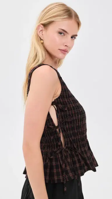GANNI Smocked Check Tie Top Cappuccino | Thumbnail 4 GANNI Smocked Check Tie Top Cappuccino | Thumbnail 4